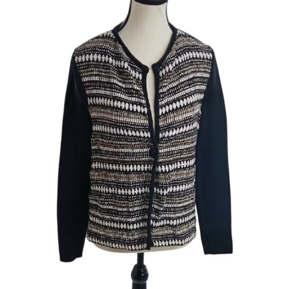 Chico's Cardigan Sweater Black White Knit Metallic One Button Womens Size XS - Picture 1 of 9